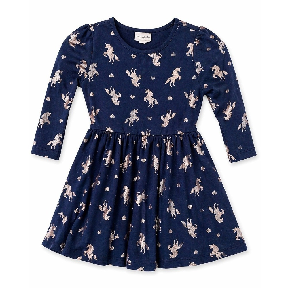 Emma & Elsa Unicorn Dress Girls Blue Glitter Print Long Sleeve Twirl Dress